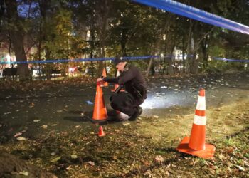 Police officer investigates a shooting inside Prospect Park.