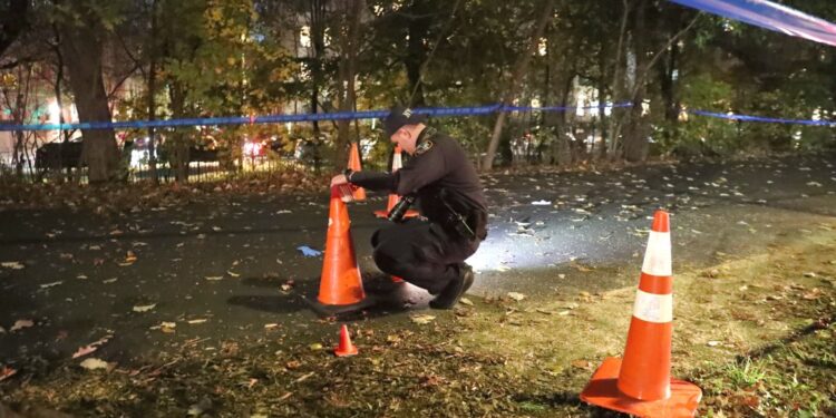 Police officer investigates a shooting inside Prospect Park.