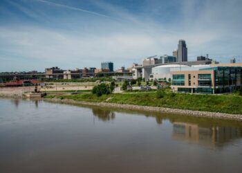 Skyline of Omaha on the Missouri river, Nebraska.