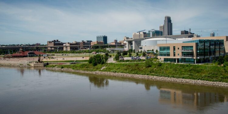 Skyline of Omaha on the Missouri river, Nebraska.