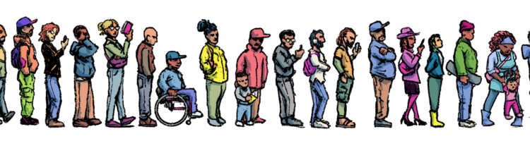 In an illustration, people of various identities wait in line.