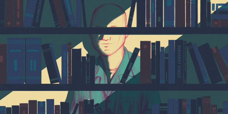 An illustration shows a yellow spotlight on a man in a green prison suit, standing in front of a book case.