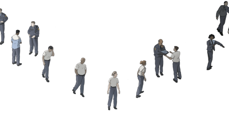 Correctional officers are being blocked on the left side of an illustration. They walk around a corner, removing their uniforms, only to be welcomed back on the right side of the illustration.  Their uniforms are returned to them in the process.