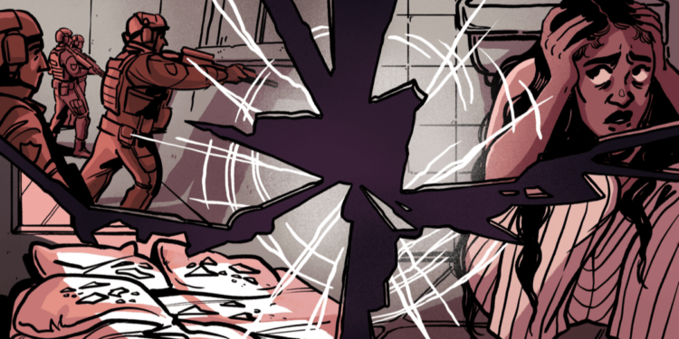An illustration shows shattered glass with images inside of the shards. The images are SWAT team officers entering in an apartment, pieces of glass on top of a bed, and a Black woman crouching on the floor with her hands over her head.