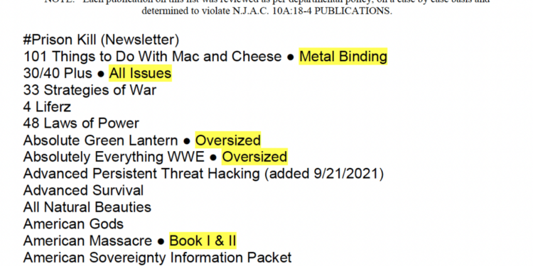 Screenshot of a PDF document entitled "NJDOC Unauthorized Publication List."