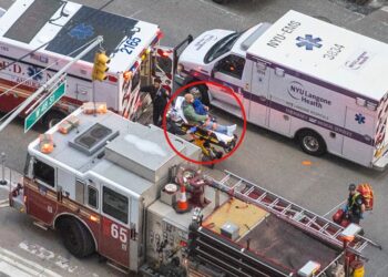 The scene where a man and woman were reportedly struck by a hit-and-run taxi driver at W 48th Street and Sixth Ave. at around 2:40 p.m. Sunday.