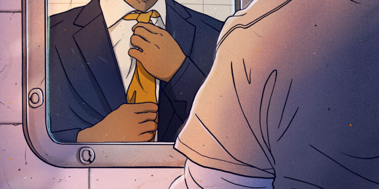 An illustration shows a person in a khaki prison uniform standing in front of a mirror. In the mirror, the person adjusts their tie while wearing a navy blazer and white dress shirt.