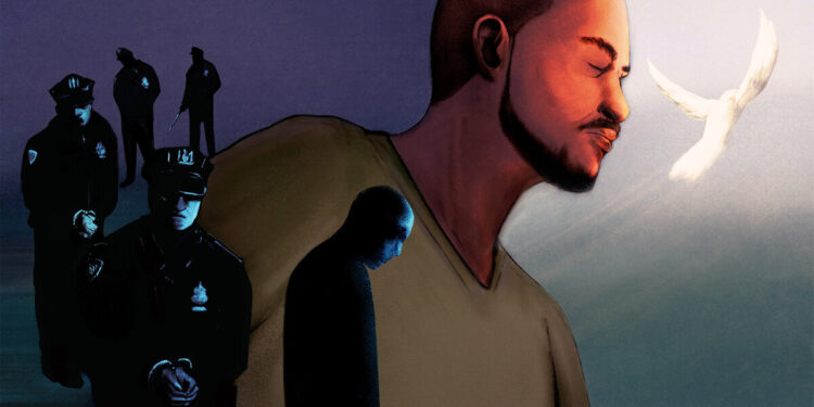 An illustration shows a Black man, in a dark green prison suit, with his eyes closed as he faces a white dove.  In front of the Black man, a black silhouette looks down. Four police officers are lined up on the left side of the illustration, with one officer handcuffed.