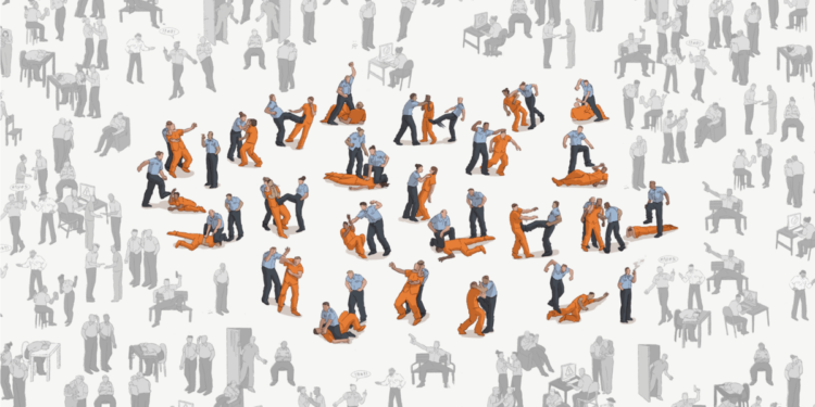 An illustration shows a group of tiny figures of correctional officers in light blue shirts and dark blue pants interacting in small groups with incarcerated people in orange prison uniforms. Some of the officers are kicking, punching, or threatening incarcerated people. A larger group of tiny figures of correctional officers and incarcerated people surround the center group but are grayed out.