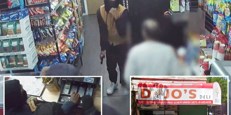 Heart-pounding video shows masked robbers storm NYC deli, hold cashier at gunpoint in disturbing scene