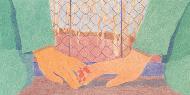 An illustration shows two people, wearing green uniforms, with their medium-skin toned hands touching each other. They sit on a brown bench against a gray wired fence.