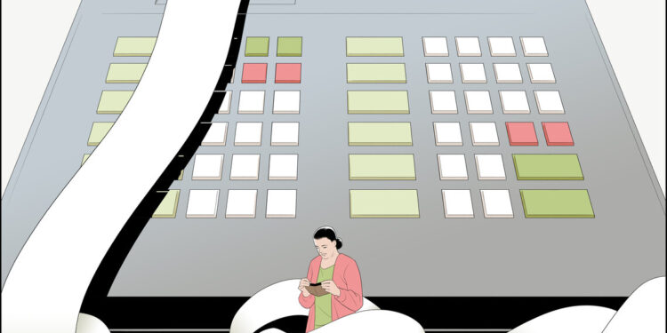 A person in a pink cardigan and green shirt stands in front of a large cashier's machine, while a long receipt spools out and surrounds the person.