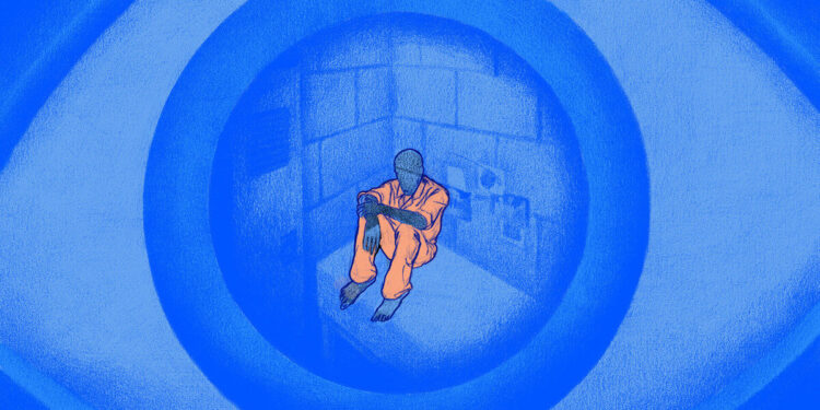 An illustration shows a blue eye with a scene in its pupil. The scene is an outline of a person in an orange prison uniform sitting down on a bed, in the corner of their cell.