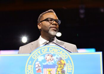 Brandon Johnson swears in as Chicago's 57th mayor at UIC's Credit Union One Arena in Chicago, Illinois, on May 15, 2023.