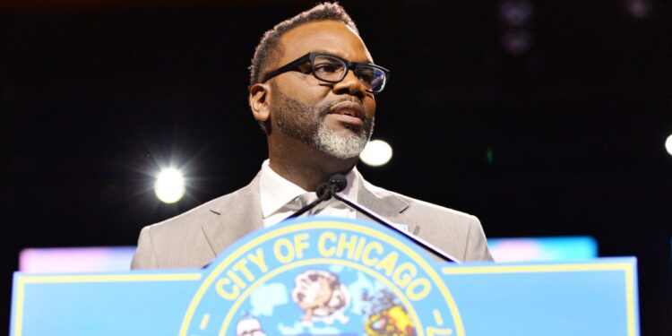 Brandon Johnson swears in as Chicago's 57th mayor at UIC's Credit Union One Arena in Chicago, Illinois, on May 15, 2023.
