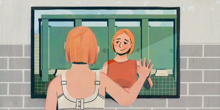 An illustration shows the back of a light-skinned person with short strawberry blonde hair in a wired bra, with their hand on a mirror. In the reflection, they are wearing an orange sports bra. Green bathroom stalls are in the background.