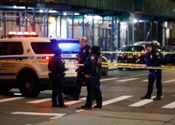 NYPD at the scene of a shooting where 13-year-old boy was shot in the leg and chest on Brooklyn Ave and St. Markâs Ave Brooklyn.