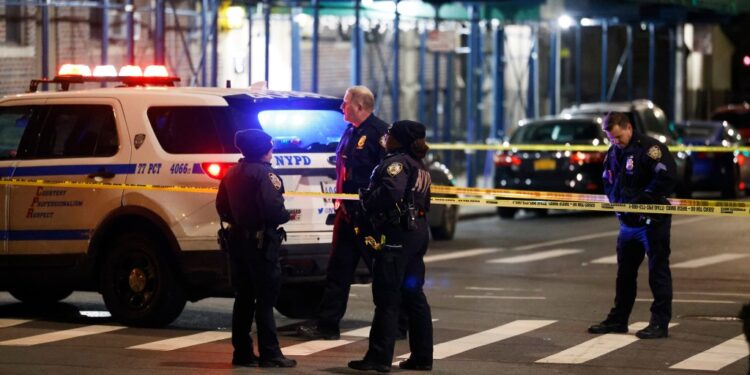 NYPD at the scene of a shooting where 13-year-old boy was shot in the leg and chest on Brooklyn Ave and St. Markâs Ave Brooklyn.