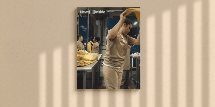 A magazine called News Inside set against a grainy tan backdrop. Light refracted through prison bars shines onto the magazine.