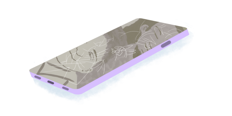 An illustration of a cracked smartphone displaying an image of a White person and a Black person smiling together.