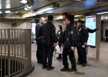 Police near the scene where a person was assaulted with a glass bottle in the Columbus Circle subway station in New York, NY around 10:30 p.m. on March 27, 2024.