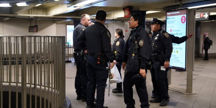 Police near the scene where a person was assaulted with a glass bottle in the Columbus Circle subway station in New York, NY around 10:30 p.m. on March 27, 2024.