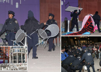 Angry protesters at NYU anti-Israel demonstration pelt NYPD officers with bottles, bash cop's helmet with chair