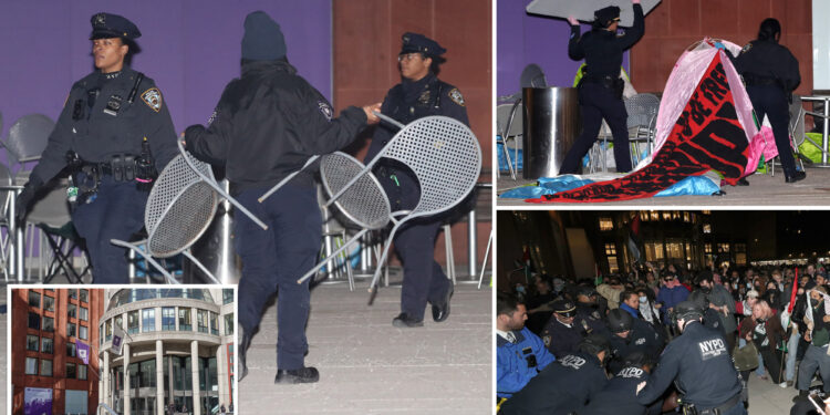 Angry protesters at NYU anti-Israel demonstration pelt NYPD officers with bottles, bash cop's helmet with chair