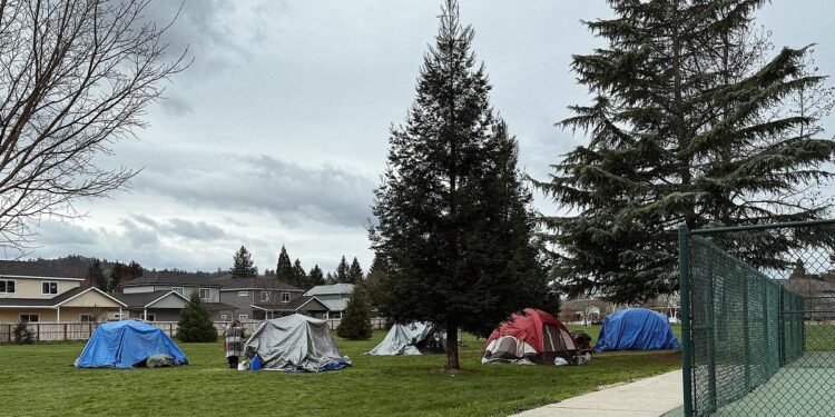 Multi-color tents are set up in a park in Grants Pass, Oregon.  Two people hug next to a tent.