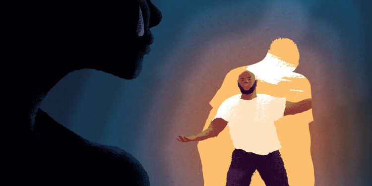 An illustration shows a silhouette of person, with a tear on their cheek, facing to the right. In the background, a Black man in a white T-shirt and black pants leans out of an orange silhouette, reaching forward and offering his hand.