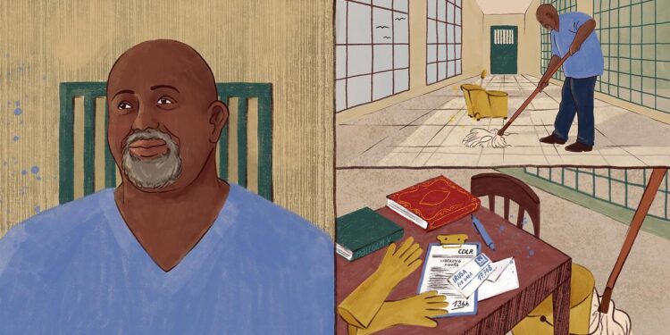 A portrait of a Black man with a gray beard in a blue prison uniform is on the left panel. On the top right panel, the Black man mops the floor of a hallway. The bottom right panel shows a bucket and mop next to a table with a copy of the Quran and a copy of "The Autobiography of Malcolm X," a document of 136 working hours, a donation envelope of $17.74, and yellow gloves.