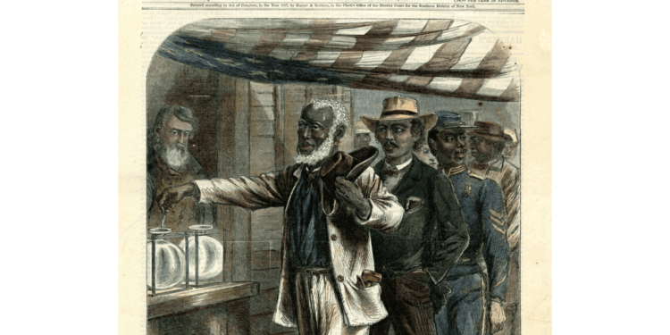 An illustration from an 1867 issue of Harper’s Weekly shows freedmen and U.S. Colored Troops veterans exercising their newly granted right to vote.