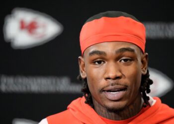 Kansas City Chiefs wide receiver Rashee Rice speaks to the media before the NFL football team's practice, Thursday, Jan. 25, 2024,