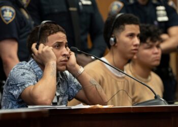 Yohenry Brito, Darwin Gomez, Wilson Juarez in Manhattan Criminal Court on May 14, 2024 for a hearing after allegedly attacking a police officer in Times Square in January.