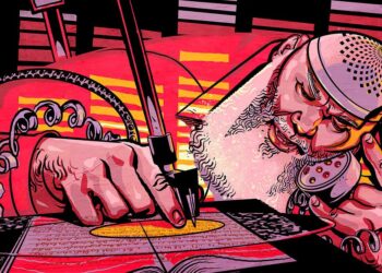 An illustration shows a bearded Black man, wearing a kufi cap and red prison uniform, holding up a phone to his ear. While on the phone, he writes lyrics onto a notebook.