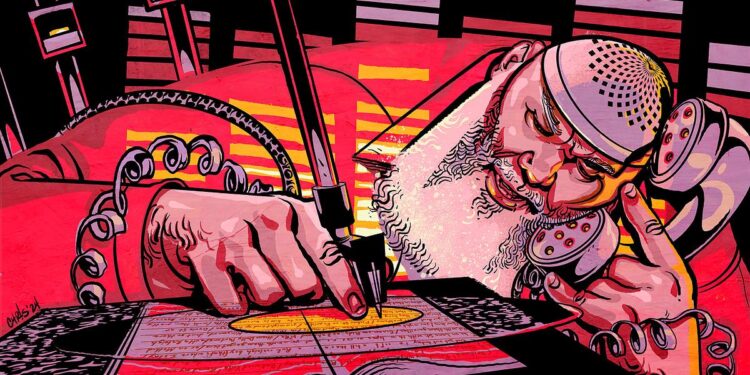 An illustration shows a bearded Black man, wearing a kufi cap and red prison uniform, holding up a phone to his ear. While on the phone, he writes lyrics onto a notebook.