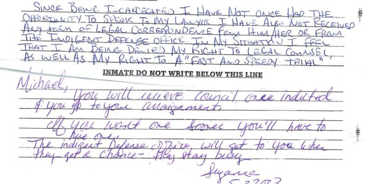 Federal filings show a handwritten complaint and response.