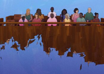 An illustration shows a brown, floating jury box against a blue background. There are 12 jurors sitting in the jury box, with two empty chairs on the left.