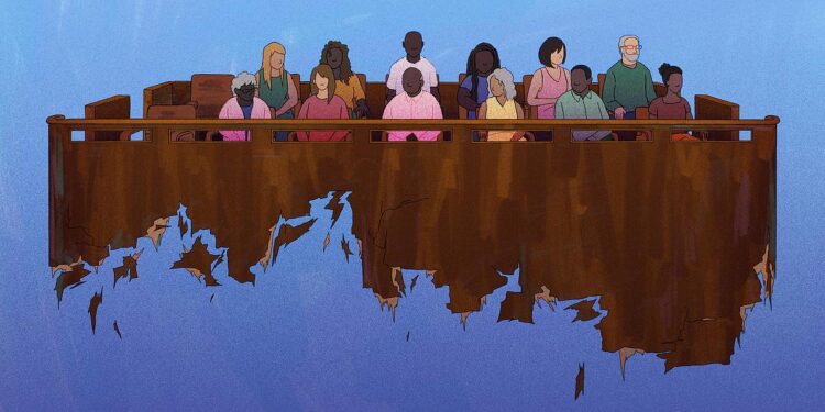 An illustration shows a brown, floating jury box against a blue background. There are 12 jurors sitting in the jury box, with two empty chairs on the left.