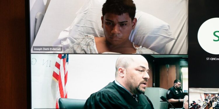 Bernardo Raul Castro Mata appearing on a video call for his arraignment for allegedly shooting two NYPD officers in Queens.