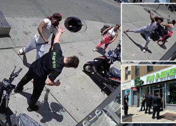 Wild video shows maniac bashing NYC bike shop worker with helmet before he's stabbed by another man and bites cop