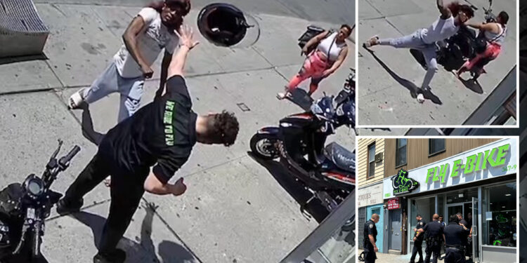 Wild video shows maniac bashing NYC bike shop worker with helmet before he's stabbed by another man and bites cop