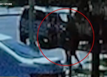 Blurry image from surveillance footage showing a man attacking  a teenager.