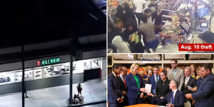 California thieves strike 3 7-Eleven stores in under 20 minutes hours after Gavin Newsom signed 'landmark' package to curb smash-and-grab crime