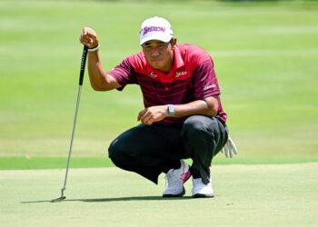 Hideki Matsuyama lines up a putt on the 17th green during the second round of the FedEx St. Jude Championship golf tournament at TPC Southwind.