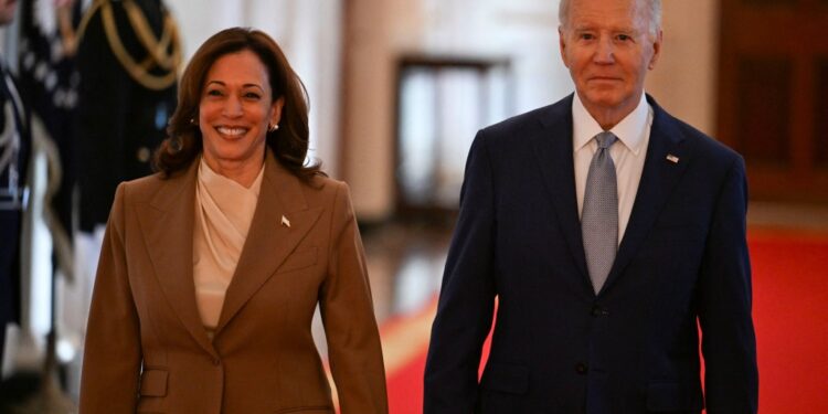 U.S. President Joe Biden and Vice President Kamala Harris walking to welcome the 2023 WNBA champion Las Vegas Aces at a White House celebration
