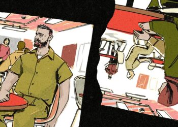 An illustration shows two torn images. In the left image, a medium-skinned man, wearing a green prison uniform, sits at a red table in a visiting room with people in the background. On the right, the image is upside down. It shows the man's parents also sitting at a red table. The mother wears a burnt orange hijab and dark green sweater, while the father wears a jade green long-sleeved buttoned-up shirt.