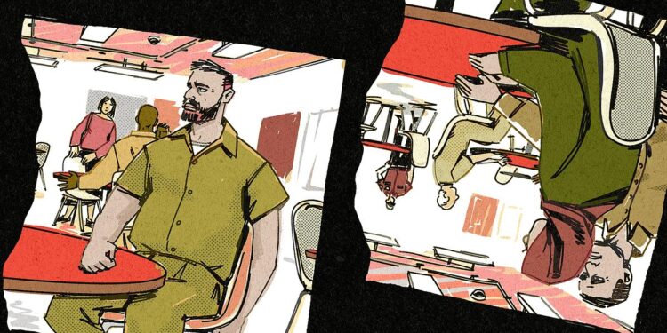 An illustration shows two torn images. In the left image, a medium-skinned man, wearing a green prison uniform, sits at a red table in a visiting room with people in the background. On the right, the image is upside down. It shows the man's parents also sitting at a red table. The mother wears a burnt orange hijab and dark green sweater, while the father wears a jade green long-sleeved buttoned-up shirt.