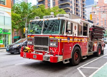 NEW YORK CITY, USA - MARCH 15, 2020: Fire truck responding to a emergency call in Manhattan in New York City, USA