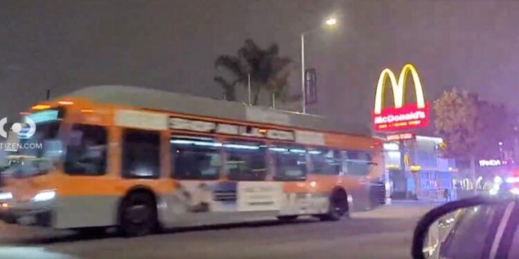 The hijacked public bus zooming through Los Angeles with the driver held at gunpoint.